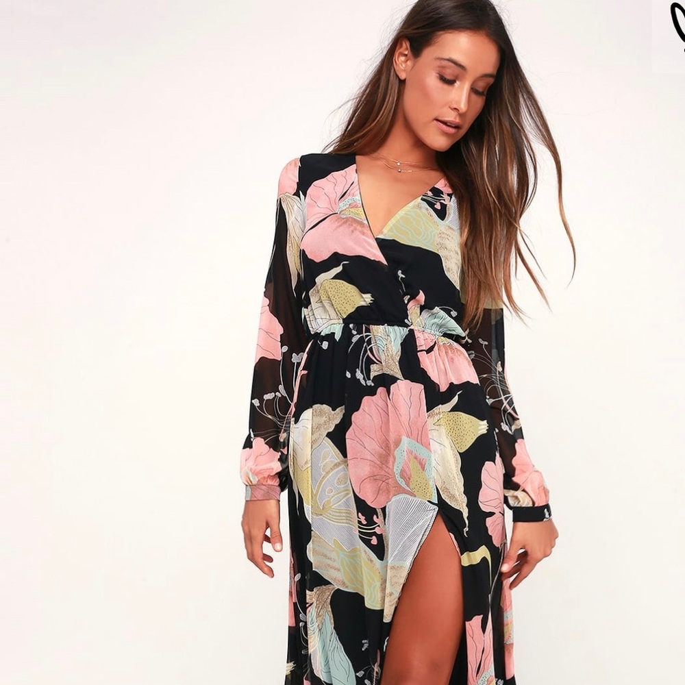 Lulus Wondrous Water Lilies Front Slit Floral Maxi